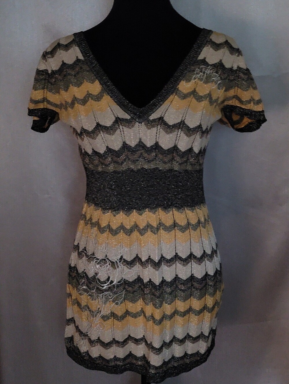 Striped V-Neck Knit Mini Dress in Mustard, Gray & Cream